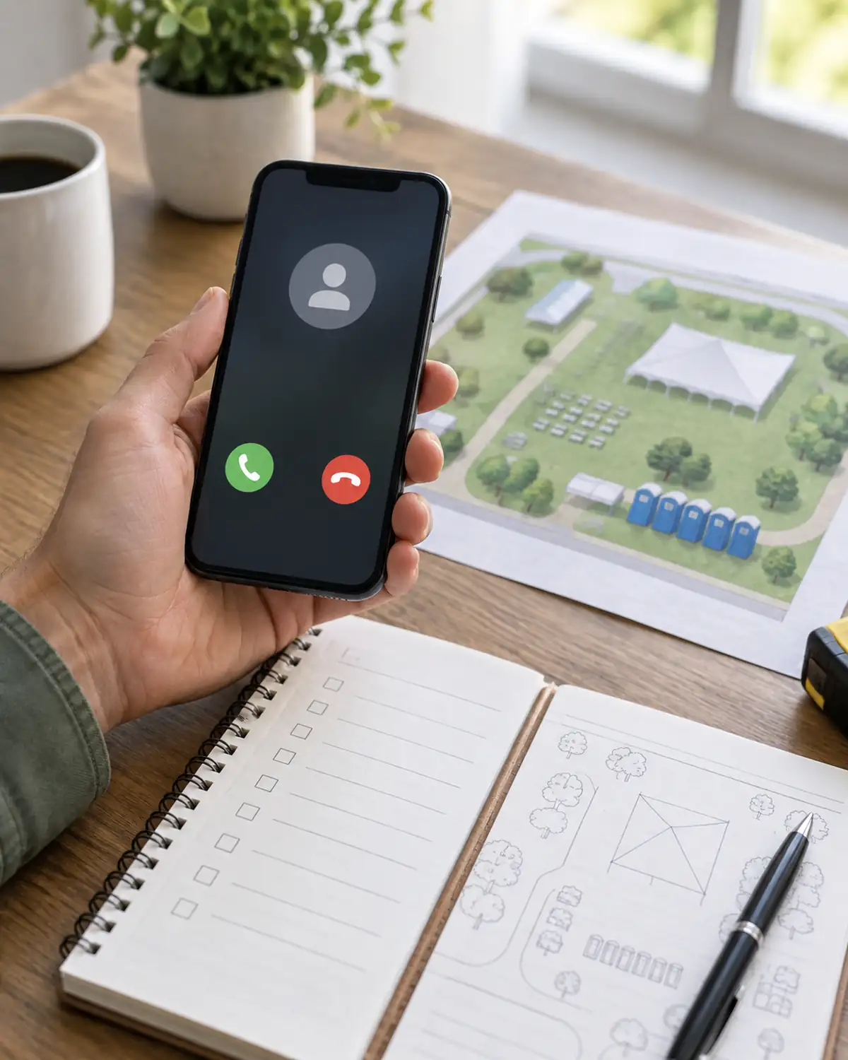 Hand holding a phone beside an event plan and site notes