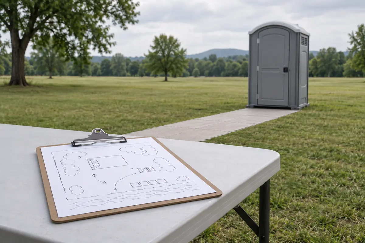 Illustrative blank site sketch beside an unbranded portable restroom on open ground