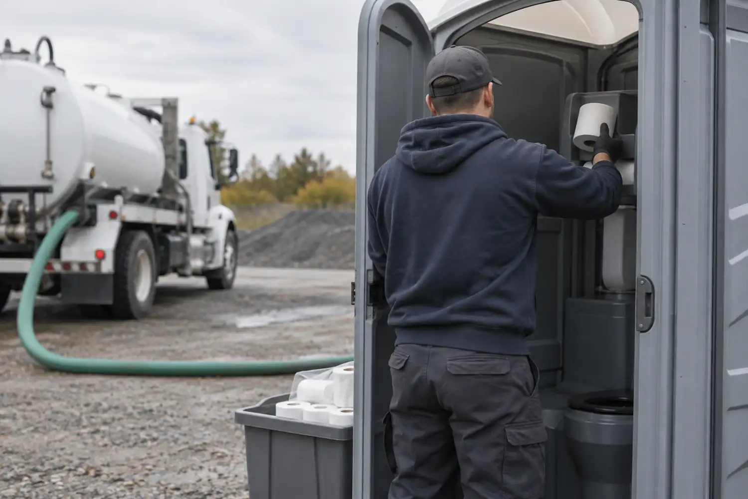 Unmarked service worker restocking a portable restroom beside a service truck