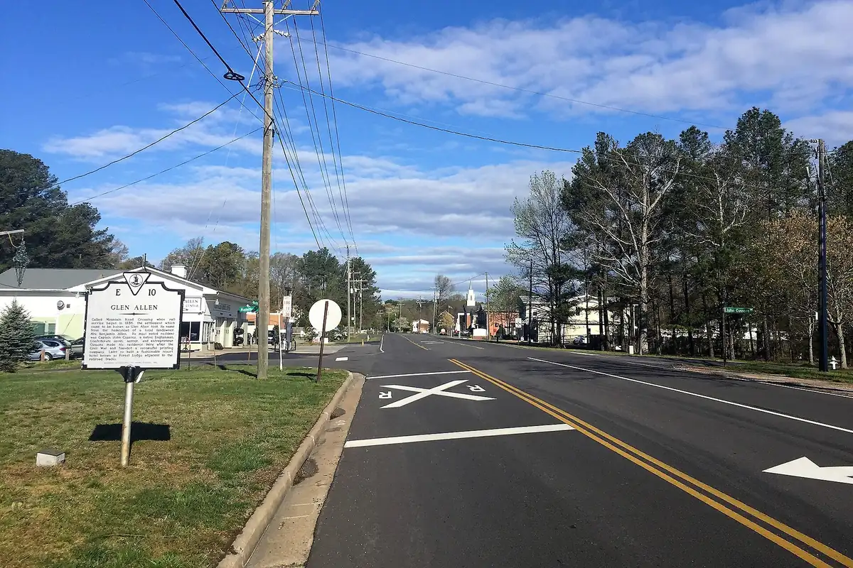 Mountain Road in Glen Allen, Virginia, with historical marker in the foreground